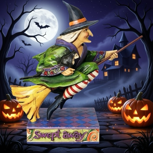 Jim Shore Swept Away Witch on Broom Cat Figurine 4005338 Retired Halloween 2006